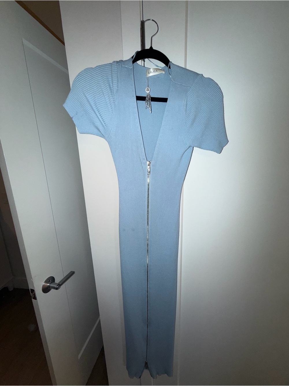 Alala Light Blue Zip-Front Ribbed Midi Dress